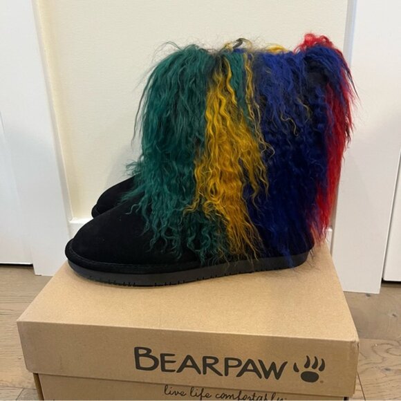 New Bearpaw Boo Boots Genuine Leather Suede Long Fur Sheepskin Black Size 10 - Picture 7 of 12